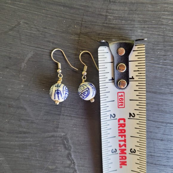 White and Blue Porcelain Chinese Character Beaded Dangle Earrings - Picture 5 of 7